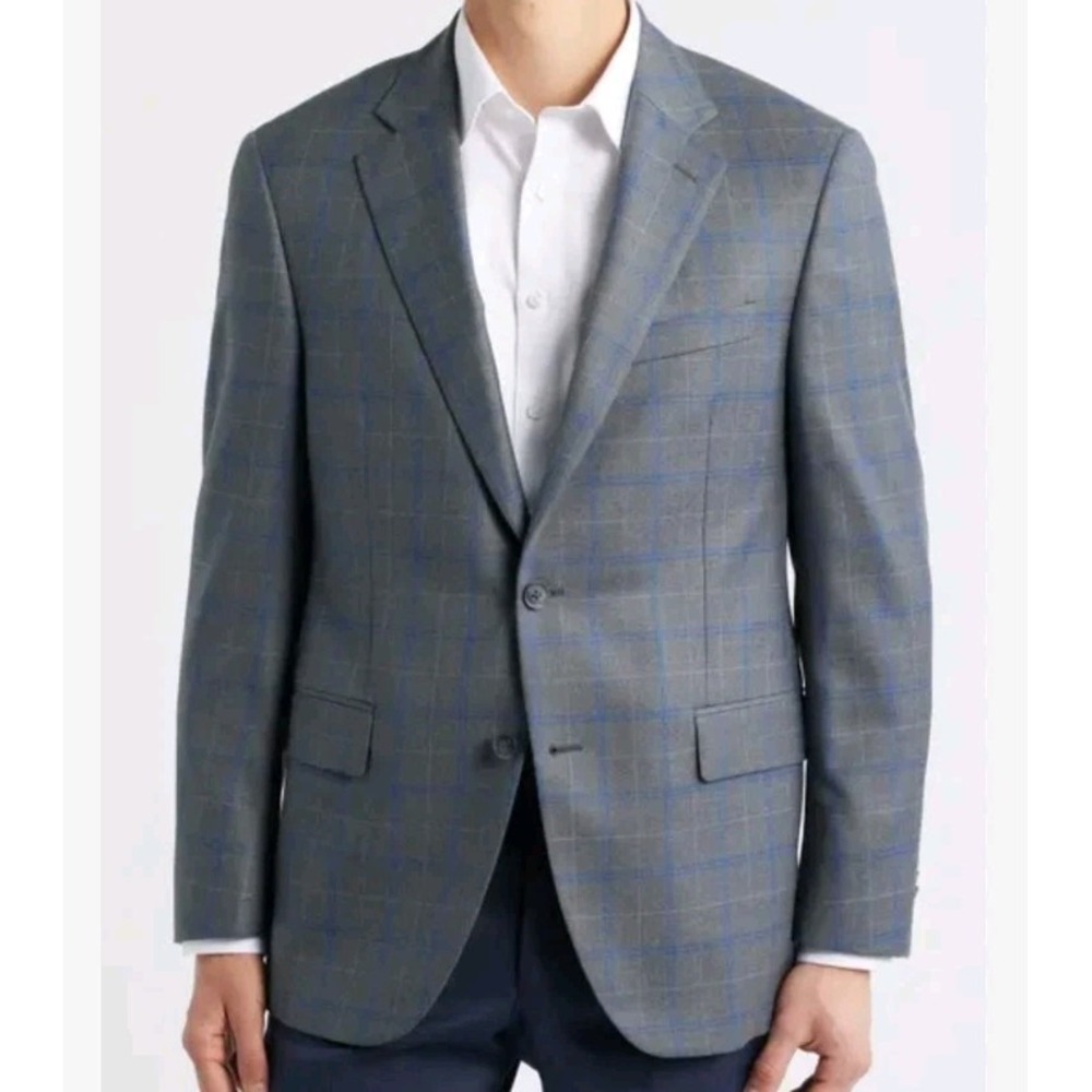 PETER MILLAR Flynn Wool Sport Coat Grey Blue Window Pane Plaid Check Size 44R